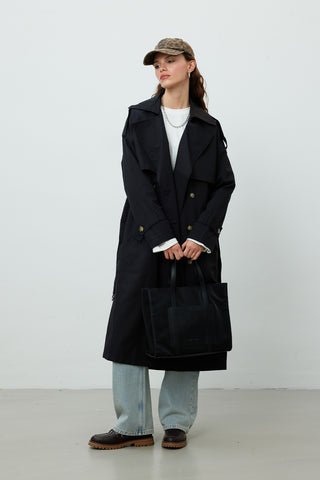 Double-Breasted Trench Coat With Buttons Black