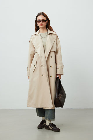 Double-Breasted Trench Coat With Buttons Beige