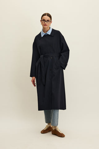 Nicola Double Breasted Trench Coat Navy Blue