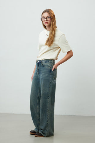 Wide Leg Denim Trousers Dark Blue