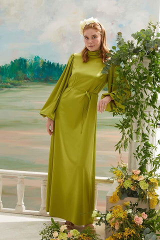 Balloon Sleeve Satin Dress Pistachio Green