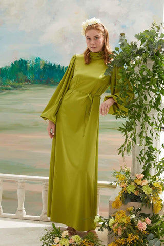 Balon Kol Saten Elbise Fıstık Yeşili