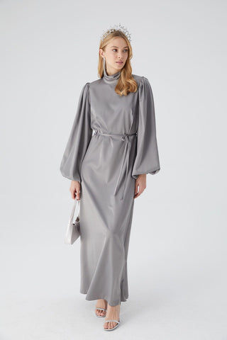 Balloon Sleeve Satin Dress Silver