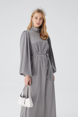 Balloon Sleeve Satin Dress Silver