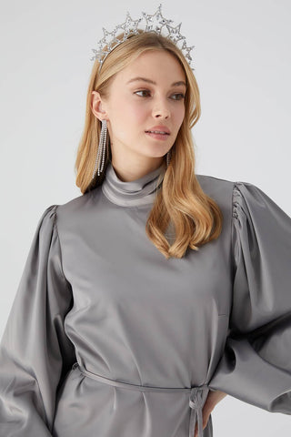 Balloon Sleeve Satin Dress Silver