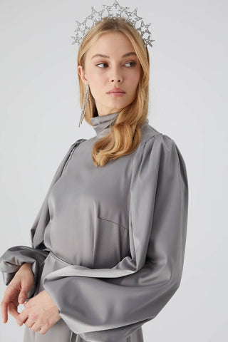 Balloon Sleeve Satin Dress Silver