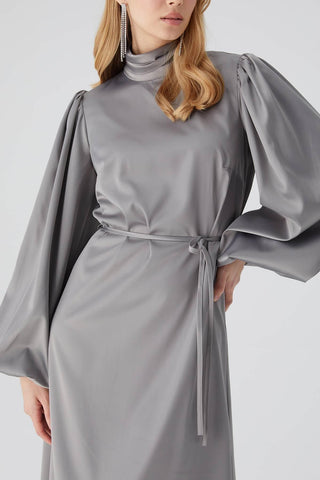 Balloon Sleeve Satin Dress Silver