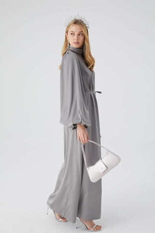 Balloon Sleeve Satin Dress Silver