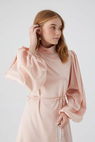 Balloon Sleeve Satin Evening Dress Powder