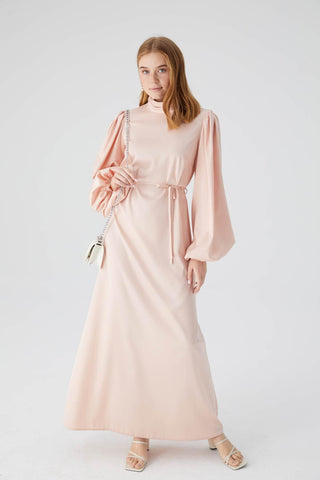 Balloon Sleeve Satin Evening Dress Powder