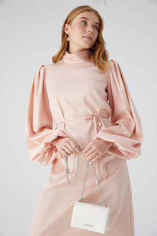 Balloon Sleeve Satin Evening Dress Powder