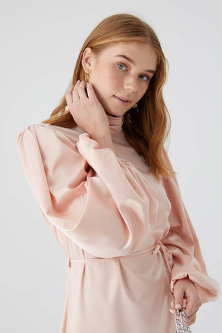 Balloon Sleeve Satin Evening Dress Powder