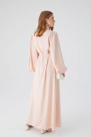 Balloon Sleeve Satin Evening Dress Powder