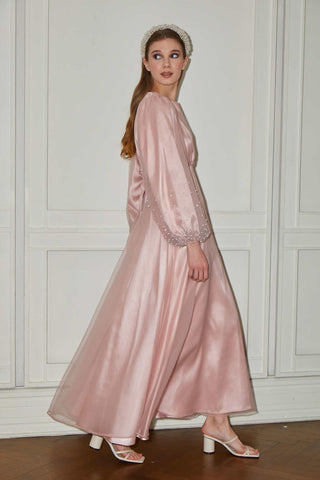 Organza Stone Embroidered Evening Dress Powder