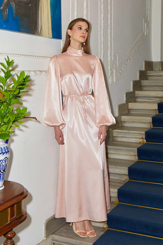 Balloon Sleeve Satin Evening Dress Powder
