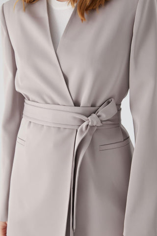 Collarless Belted Satin Blazer Stone