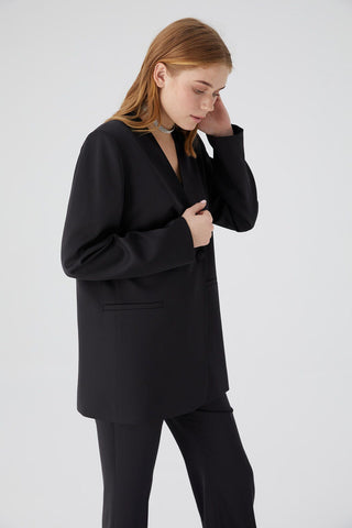 Collarless Belted Satin Blazer Black