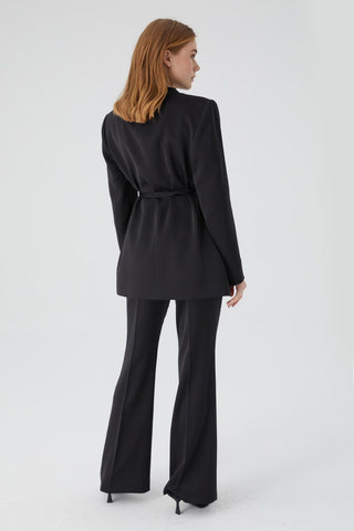 Collarless Belted Satin Blazer Black