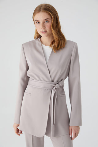 Collarless Belted Satin Blazer Stone