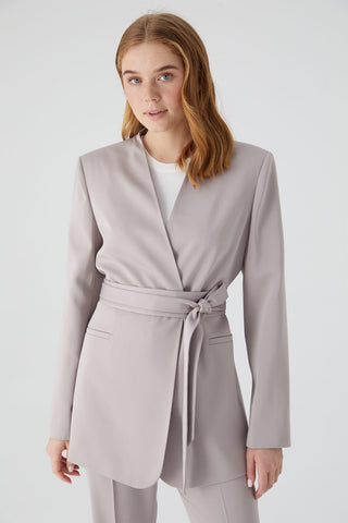 Collarless Belted Satin Blazer Stone