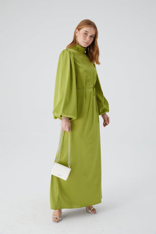 Balloon Sleeve Satin Dress Pistachio Green