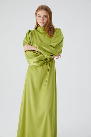 Balloon Sleeve Satin Dress Pistachio Green