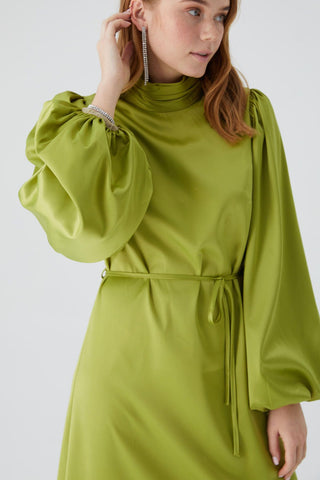 Balloon Sleeve Satin Dress Pistachio Green