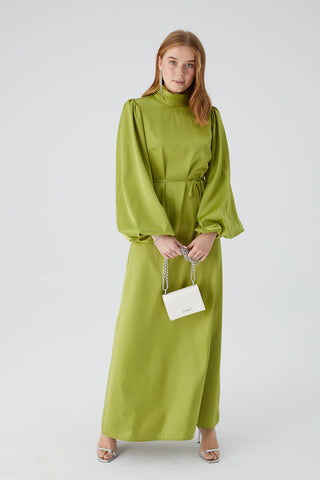 Balloon Sleeve Satin Dress Pistachio Green