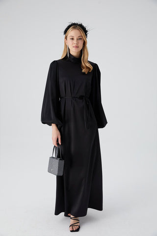 Balloon Sleeve Satin Dress Black