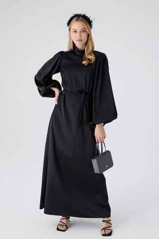 Balloon Sleeve Satin Dress Black