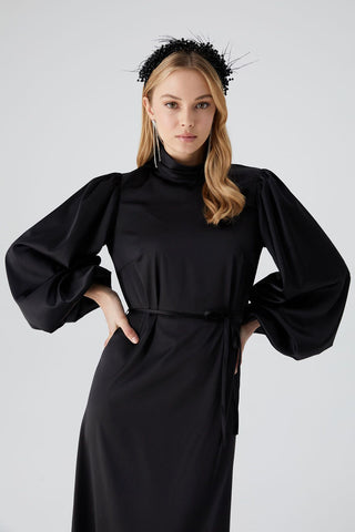 Balloon Sleeve Satin Dress Black