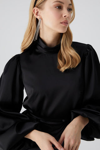 Balloon Sleeve Satin Dress Black