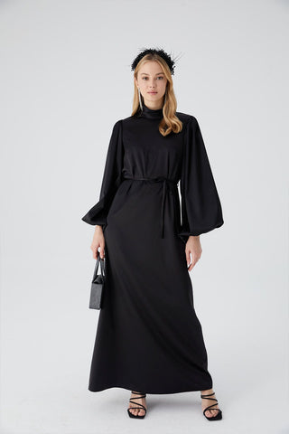 Balloon Sleeve Satin Dress Black