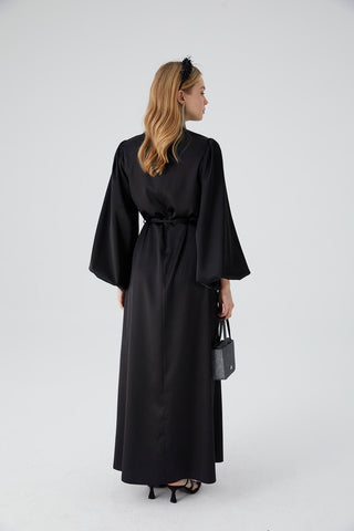 Balloon Sleeve Satin Dress Black