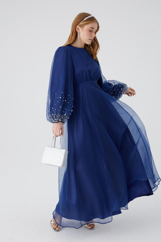 Organza Stone Embroidered Evening Dress Navy Blue