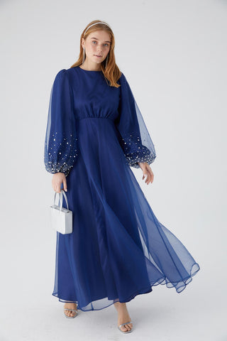 Organze Taş İşlemeli Abiye Elbise Lacivert