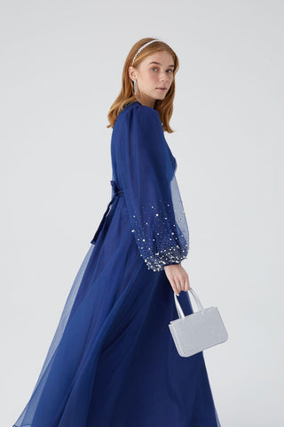 Organza Stone Embroidered Dress Navy Blue