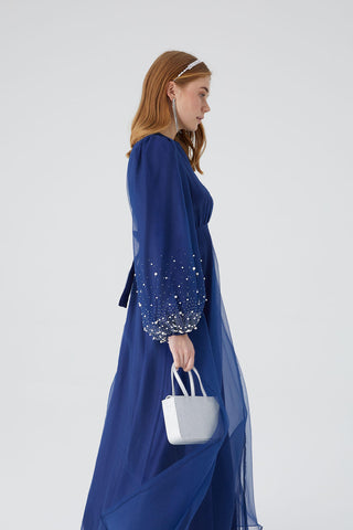 Organza Stone Embroidered Evening Dress Navy Blue