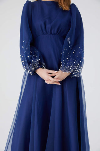Organza Stone Embroidered Evening Dress Navy Blue