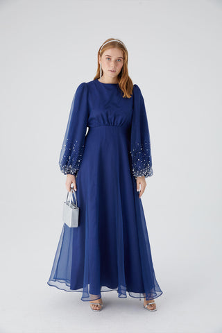 Organza Stone Embroidered Evening Dress Navy Blue