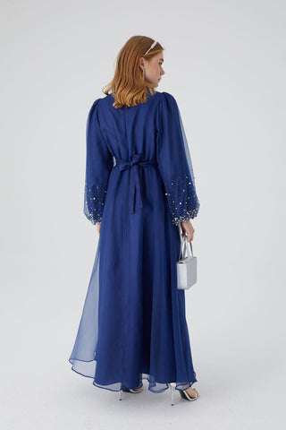 Organza Stone Embroidered Dress Navy Blue