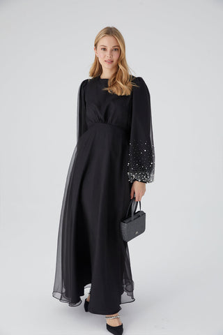 Organza Stone Embroidered Evening Dress Black