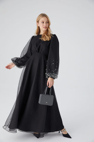 Organza Stone Embroidered Evening Dress Black