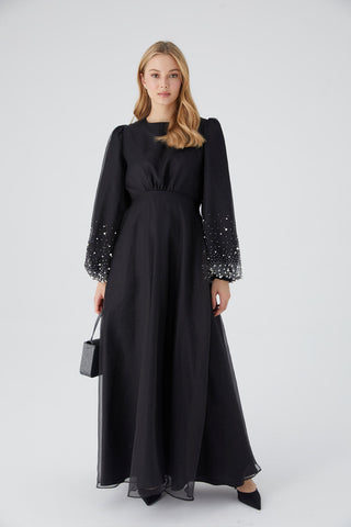 Organza Stone Embroidered Evening Dress Black