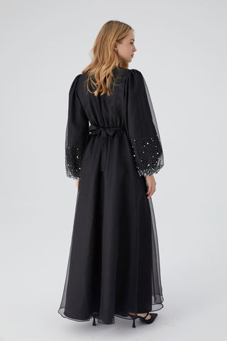 Organza Stone Embroidered Evening Dress Black