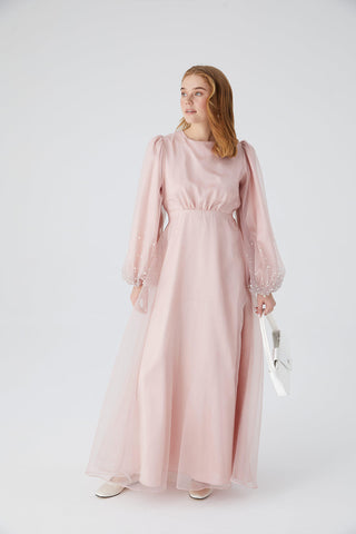 Organza Stone Embroidered Evening Dress Powder