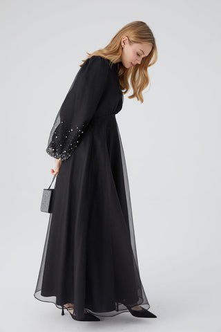 Organza Stone Embroidered Evening Dress Black