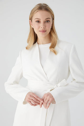 Collarless Belted Satin Blazer Ecru