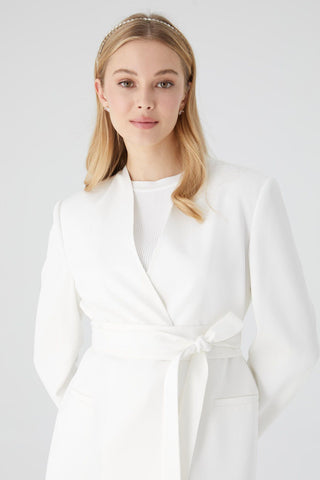 Collarless Belted Satin Blazer Ecru