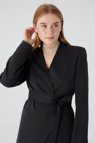 Collarless Belted Satin Blazer Black